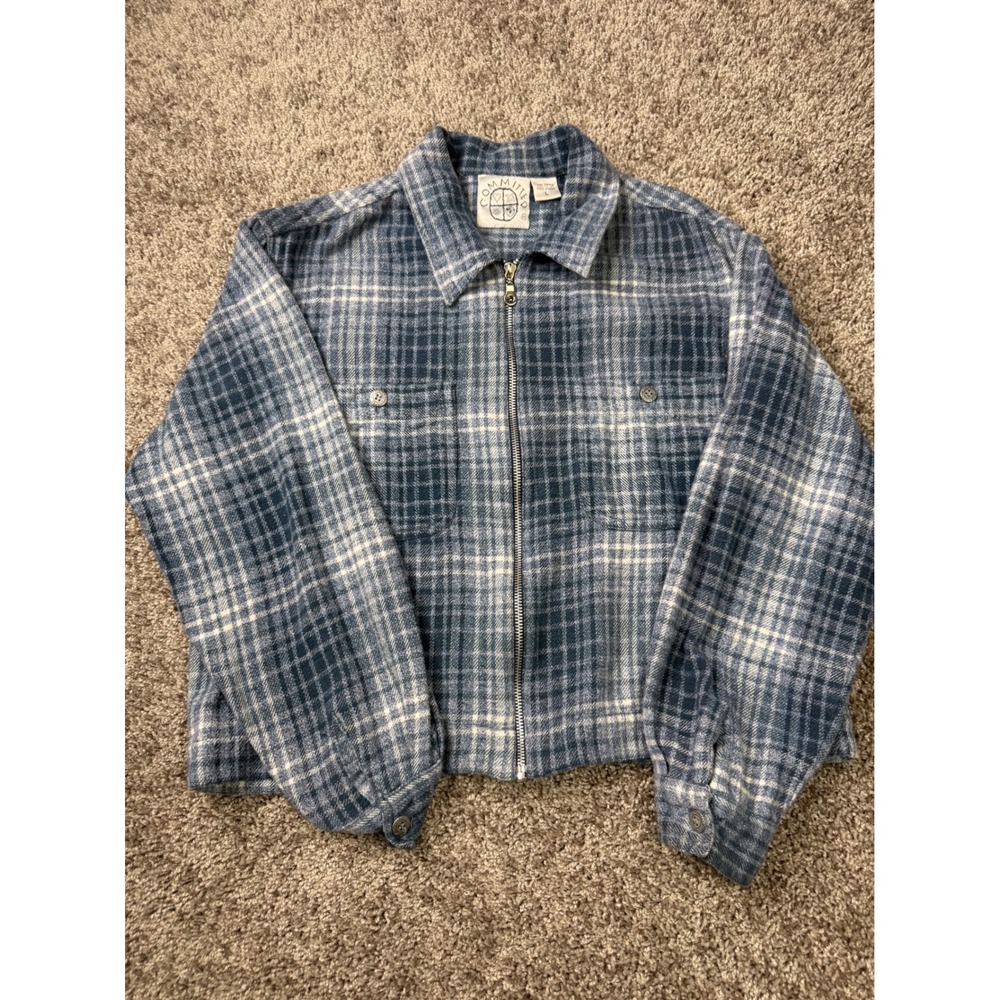 Vintage Committed Blue Plaid Zip Jacket 100% Cotton Size Large 90s Grunge